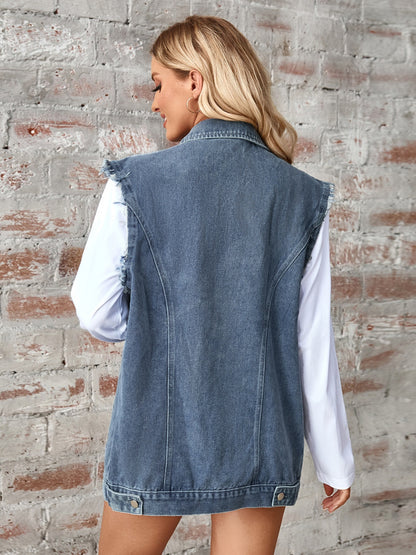 Raw Hem Sleeveless Button Up Denim Jacket-Angel Casuals