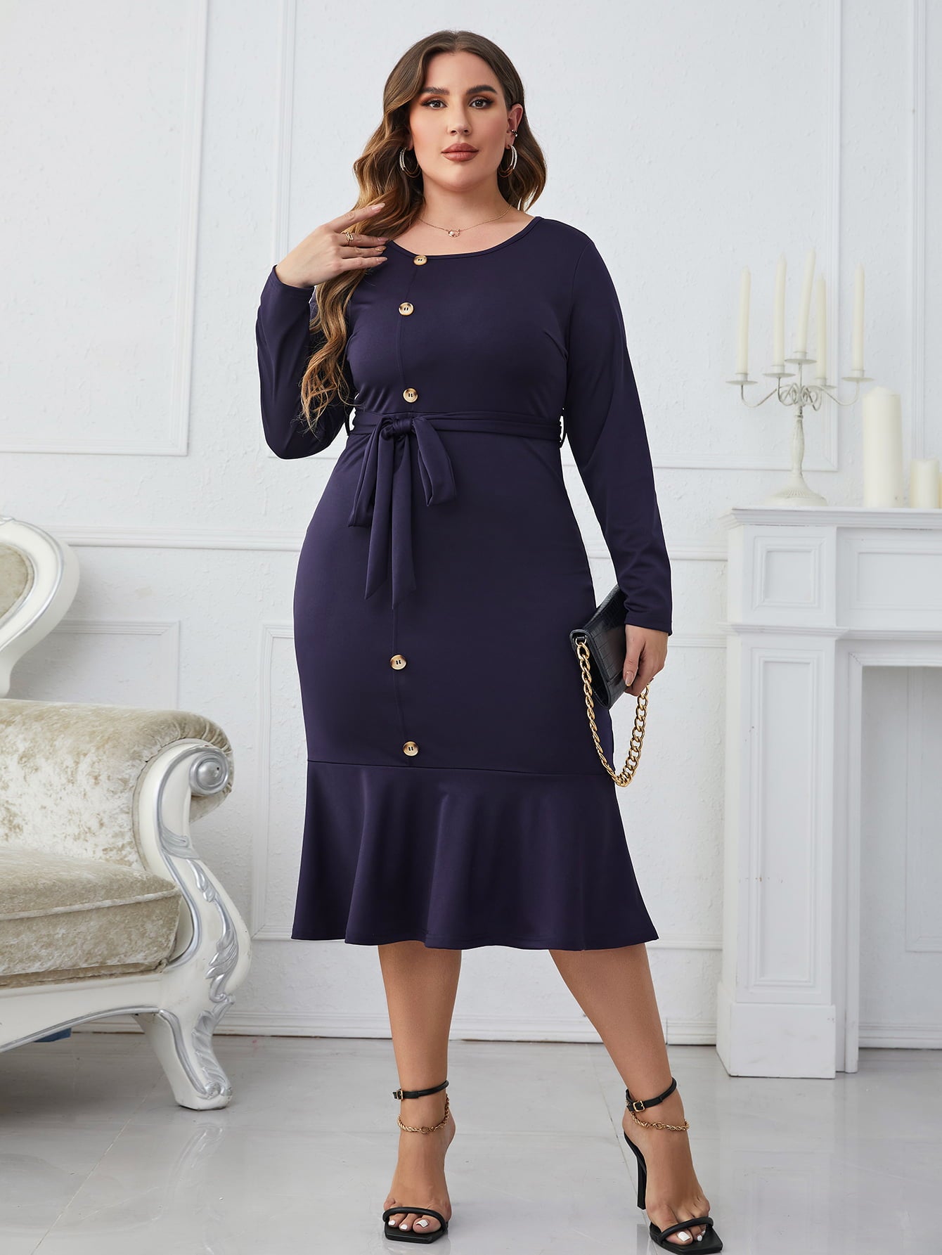 Melo Apparel Plus Size Buttoned Round Neck Tie Belt Midi Dress-Angel Casuals