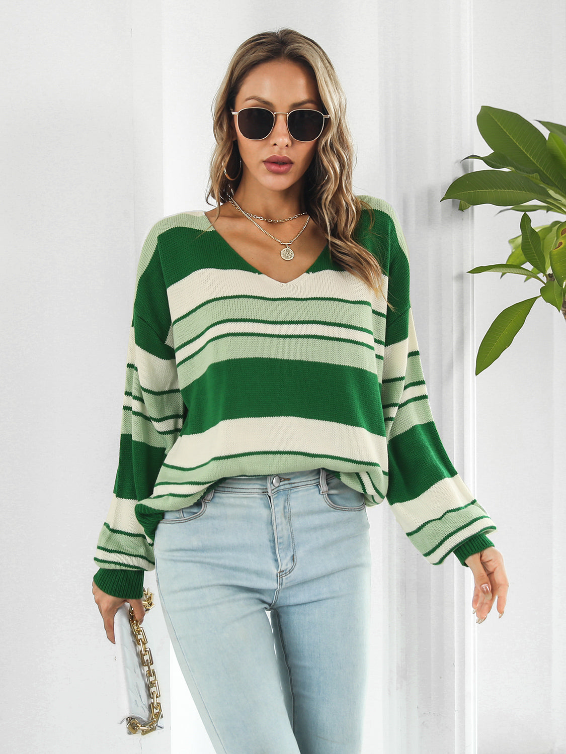 Striped V-Neck Long Sleeve Knit Top-Angel Casuals