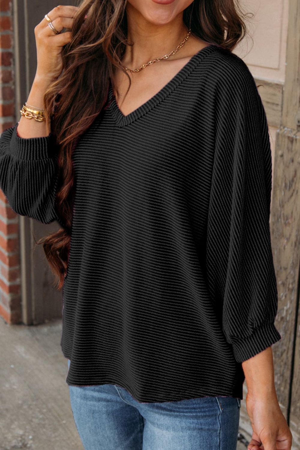 Texture V-Neck Long Sleeve Top-Angel Casuals