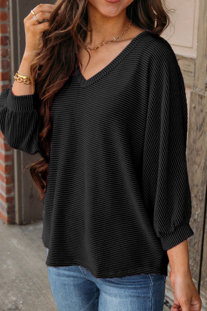 Texture V-Neck Long Sleeve Top-Angel Casuals