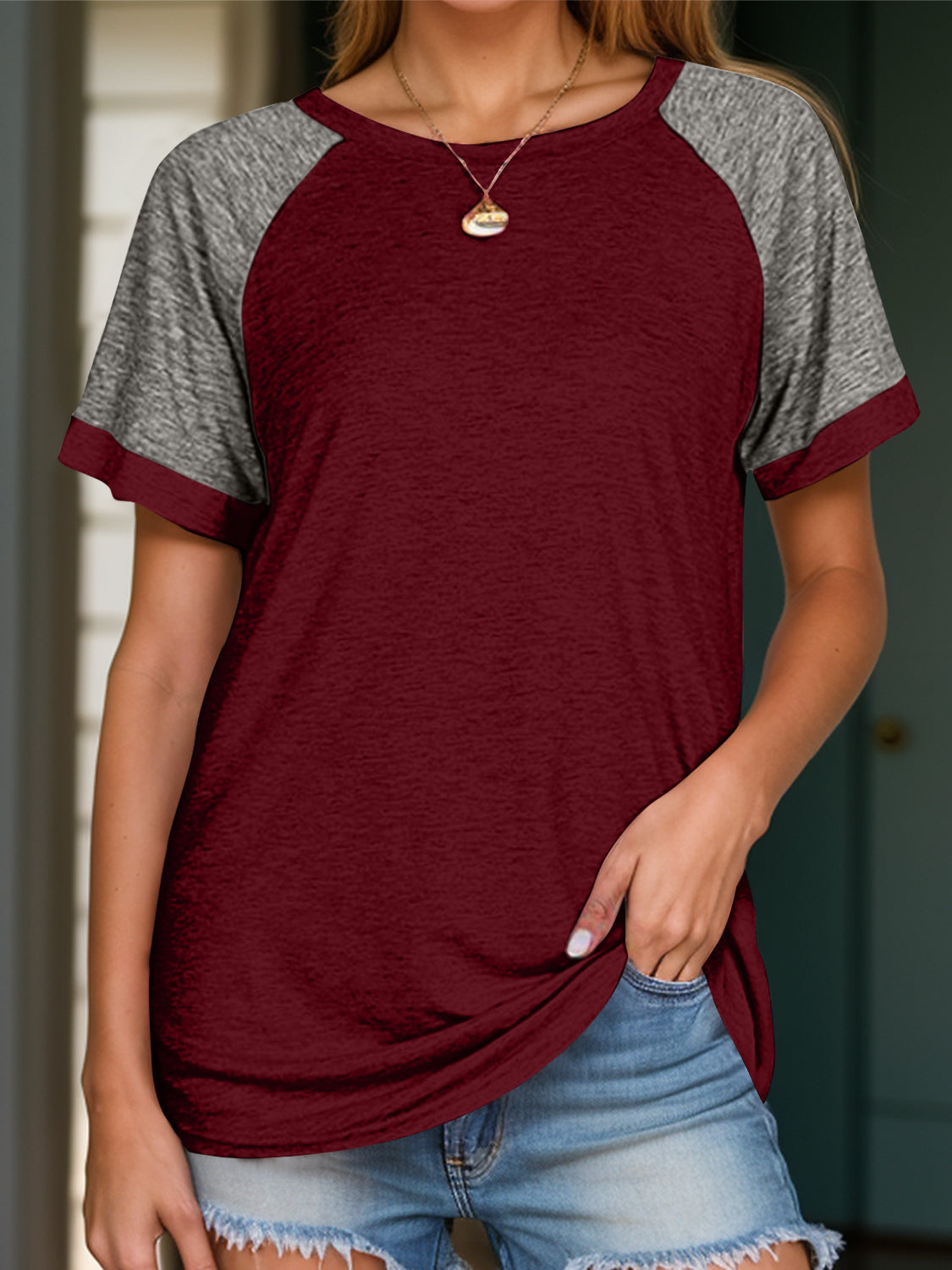 Full Size Contrast Round Neck Short Sleeve T-Shirt-Angel Casuals