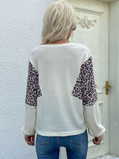 Perfee Leopard Color Block Waffle Knit Top-Angel Casuals