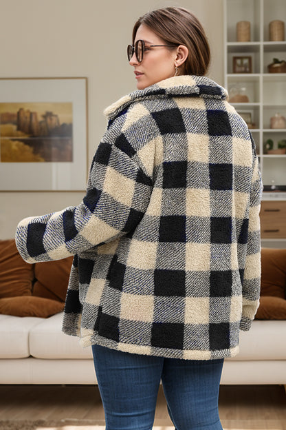 Plus Size Plaid Button Up Long Sleeve Coat-Angel Casuals