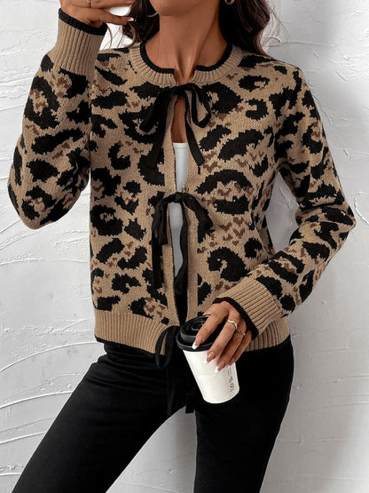 Perfee Tied Leopard Long Sleeve Cardigan-Angel Casuals