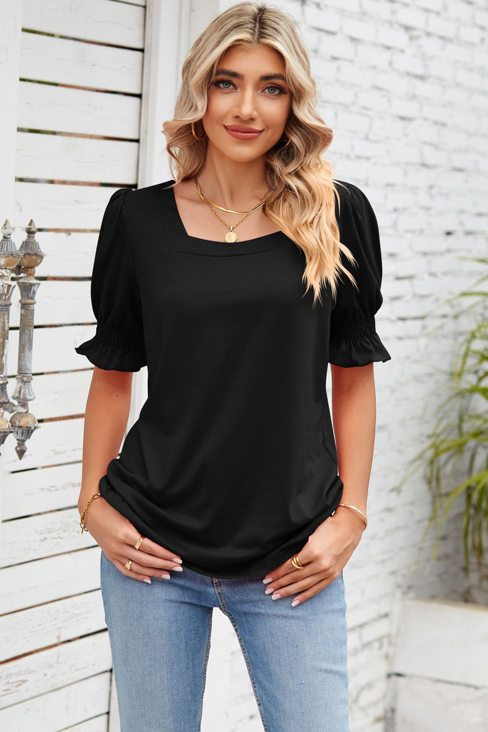 Smocked Square Neck Short Sleeve T-Shirt-Angel Casuals