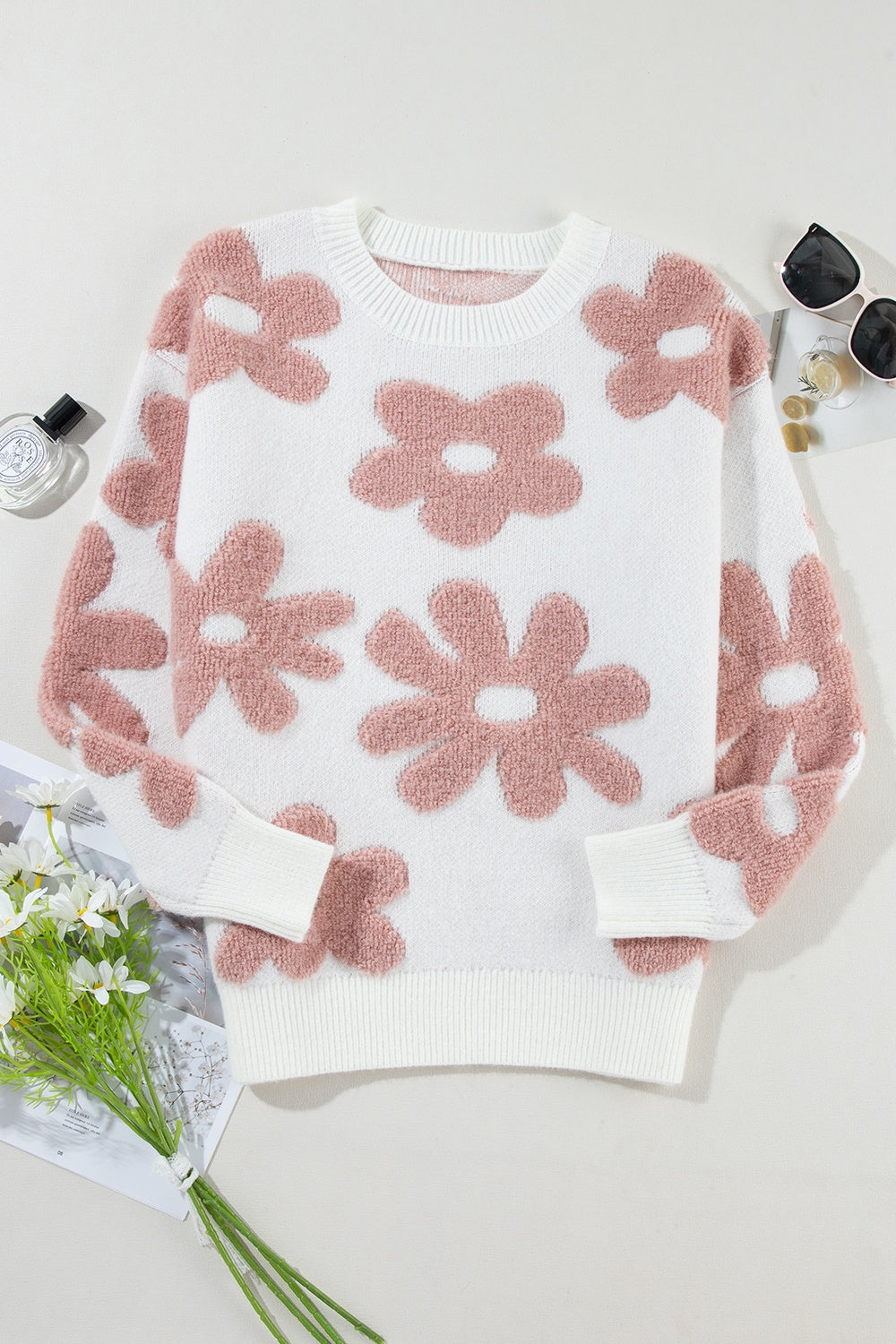 Flower Round Neck Long Sleeve Knit Top-Angel Casuals