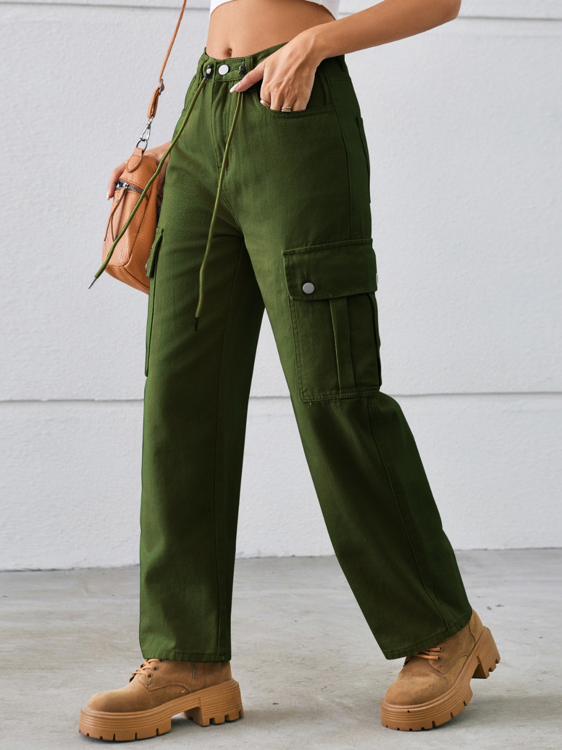 Drawstring Mid-Rise Waist Straight Cargo Jeans-Angel Casuals