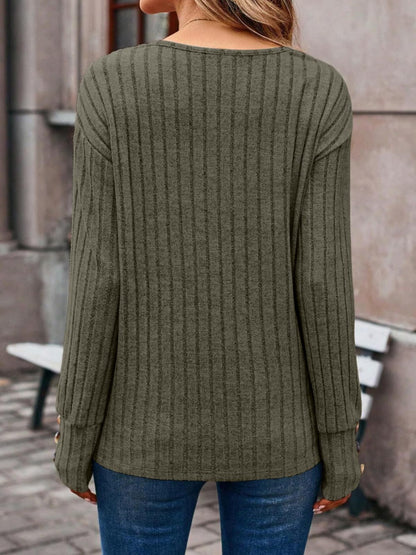 Ribbed V-Neck Long Sleeve T-Shirt-Angel Casuals
