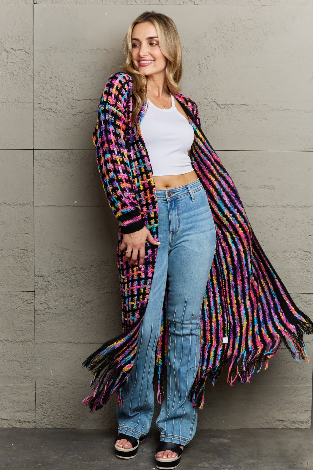 Multicolored Open Front Fringe Hem Cardigan-Angel Casuals