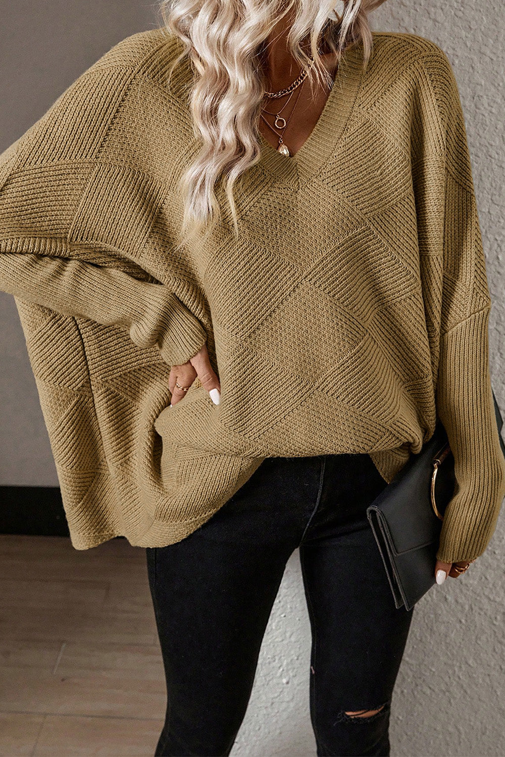 V-Neck Batwing Sleeve Pullover Sweater-Angel Casuals