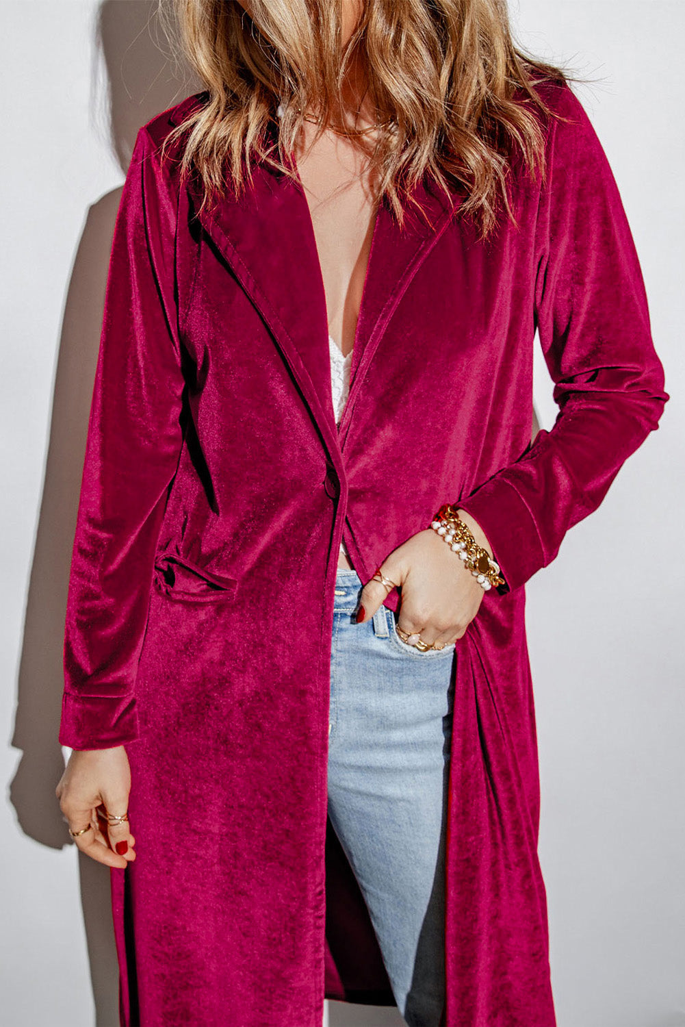 Collared Neck Longline Velvet Cardigan with Pockets-Angel Casuals