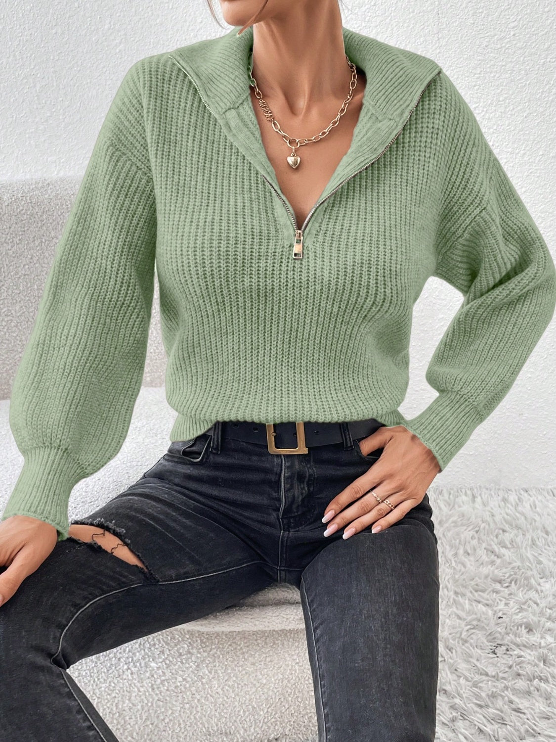 Honey Half Zip Dropped Shoulder Sweater-Angel Casuals