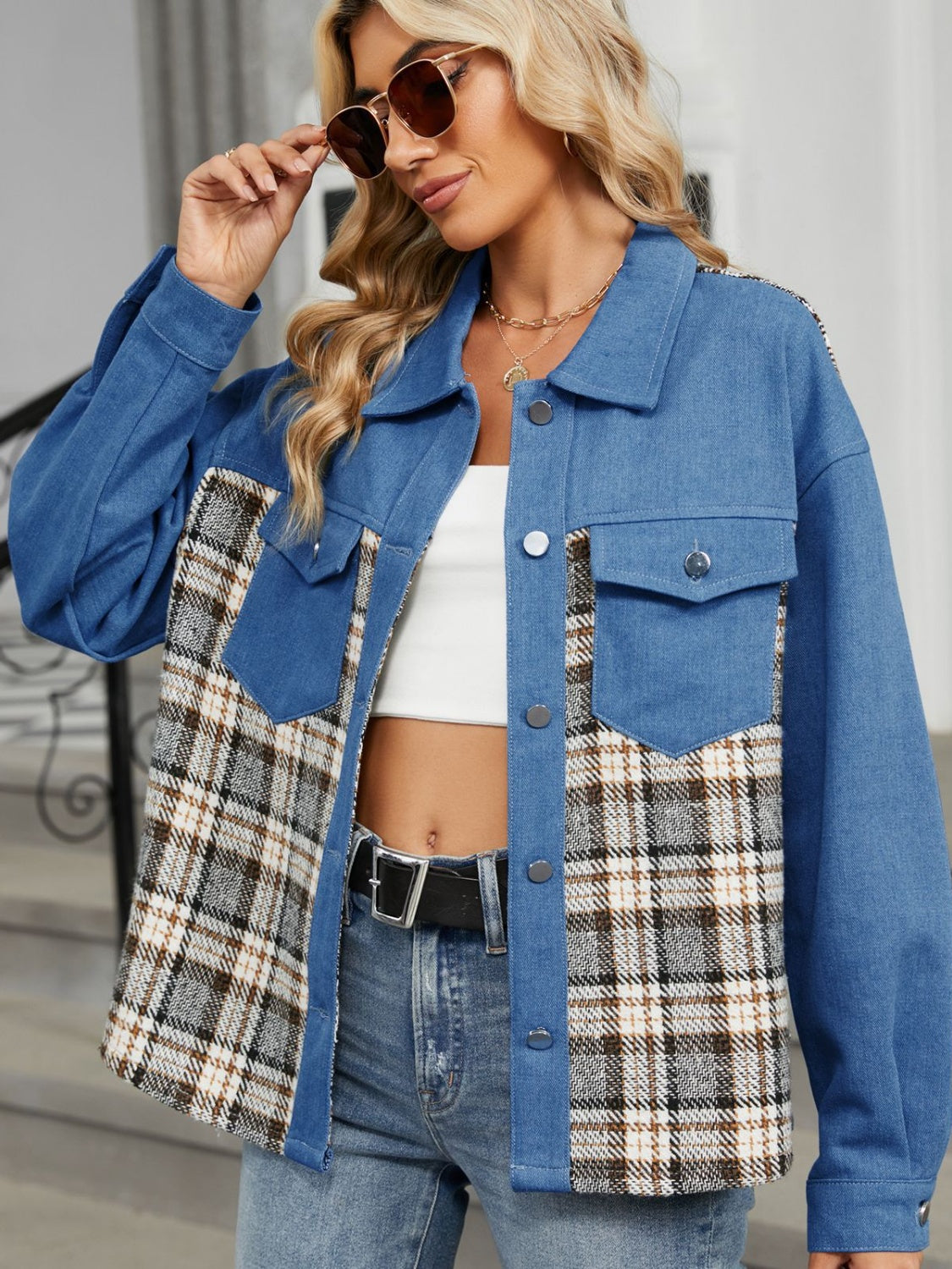 Plaid Button Up Long Sleeve Denim Jacket-Angel Casuals