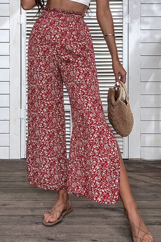 Ditsy Floral Slit Paperbag Waist Wide Leg Pants-Angel Casuals