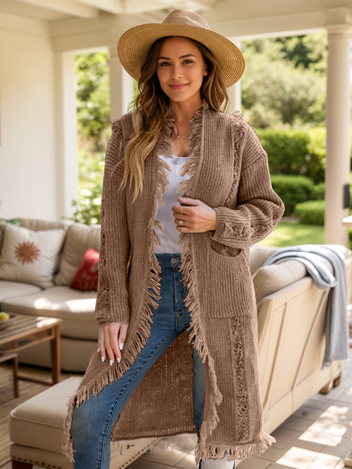 Fringe Open Front Long Sleeve Cardigan-Angel Casuals