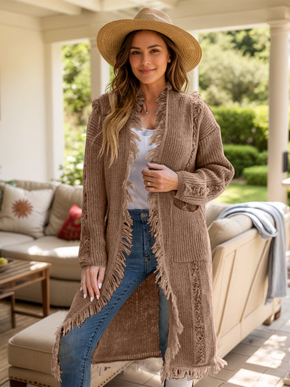 Fringe Open Front Long Sleeve Cardigan-Angel Casuals