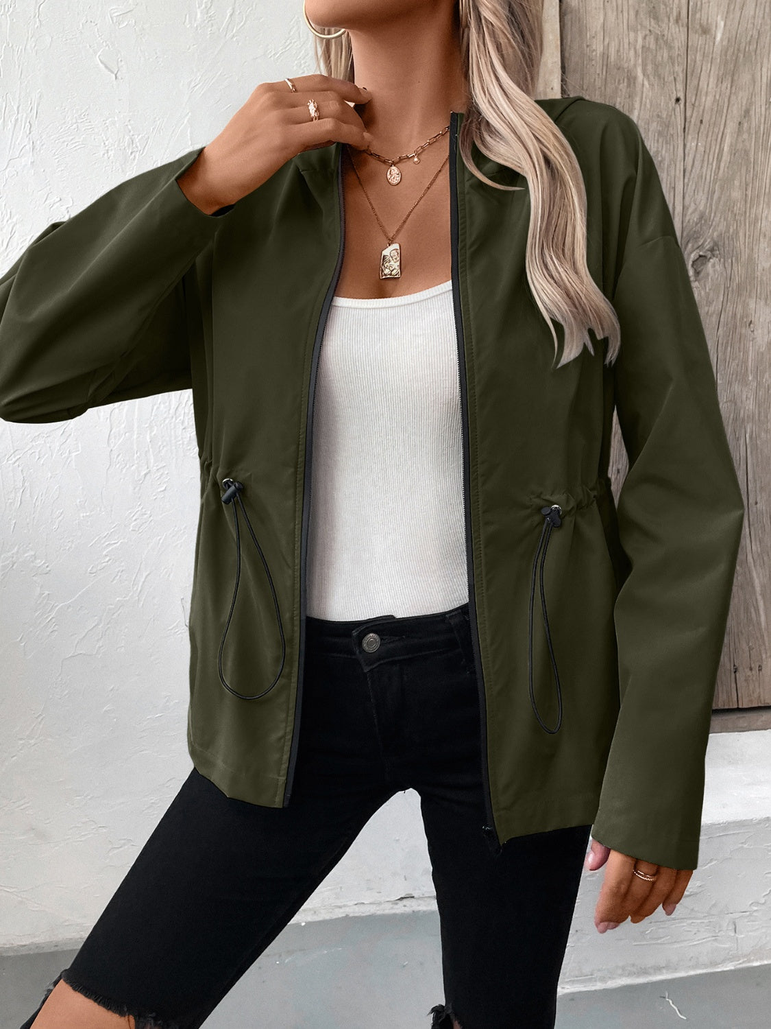 Ivy Lane Drawstring Zip Up Hooded Jacket-Angel Casuals