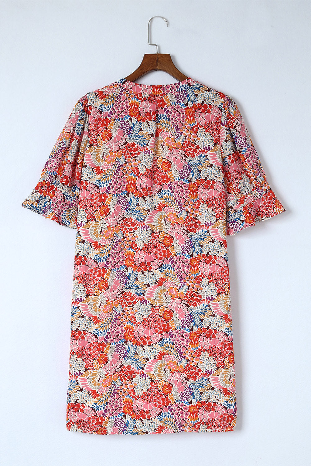 Floral Notched Neck Flounce Sleeve Shift Dress-Angel Casuals