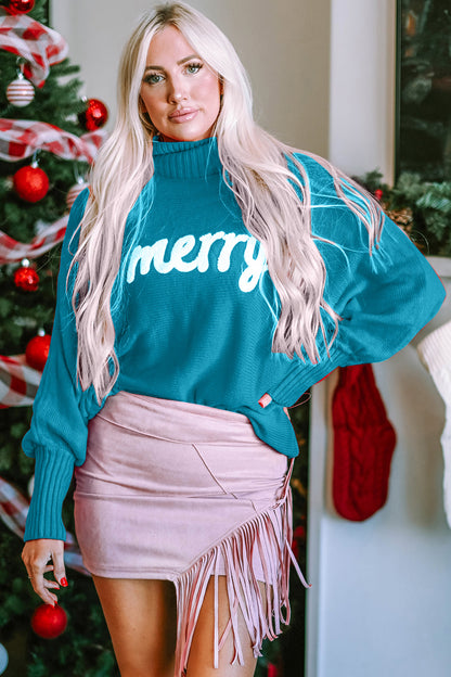 Double Take Full Size Merry Christmas Turtleneck Long Sleeve Sweater-Angel Casuals