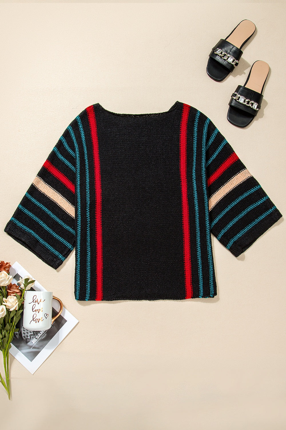 Striped Boat Neck Three-Quarter Sleeve Knit Top-Angel Casuals