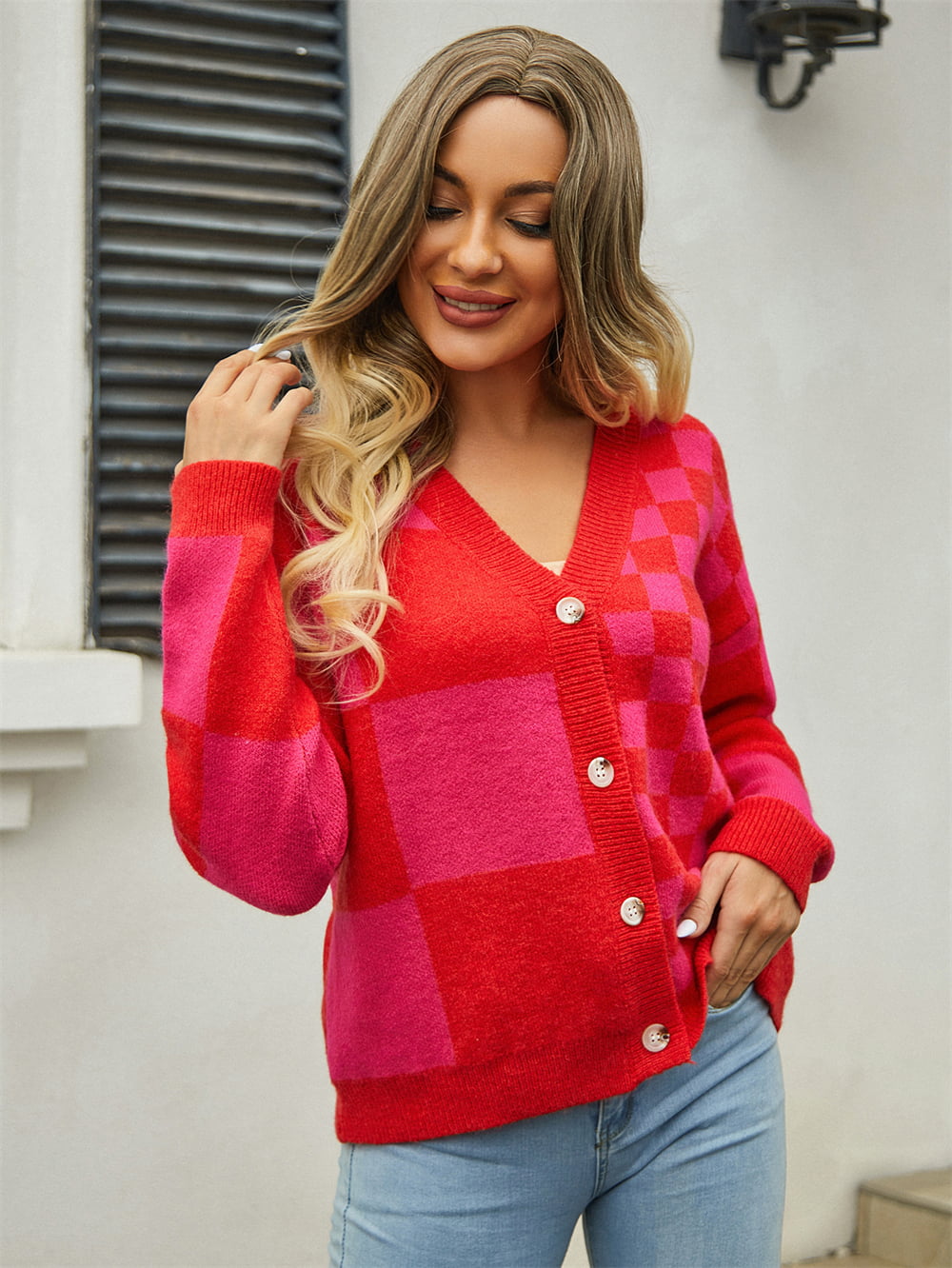 Plaid V-Neck Dropped Shoulder Cardigan-Angel Casuals