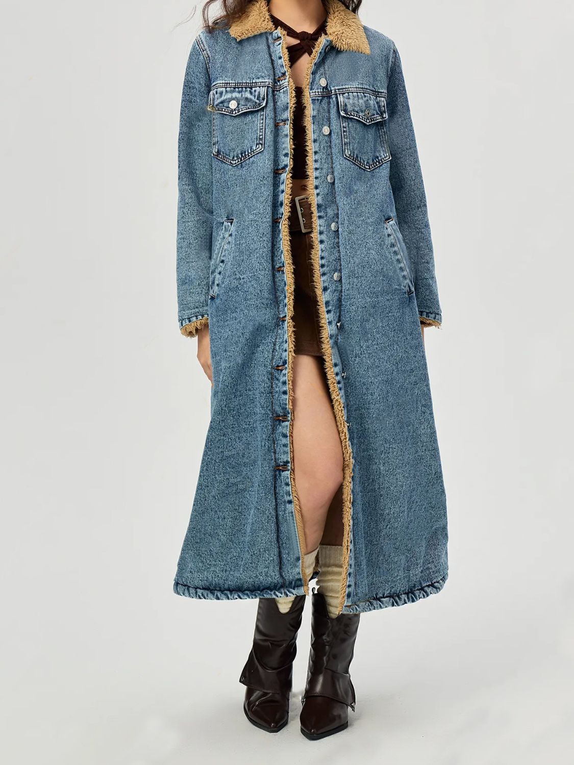 Pocketed Button Up Denim Jacket with Fur Lining-Angel Casuals