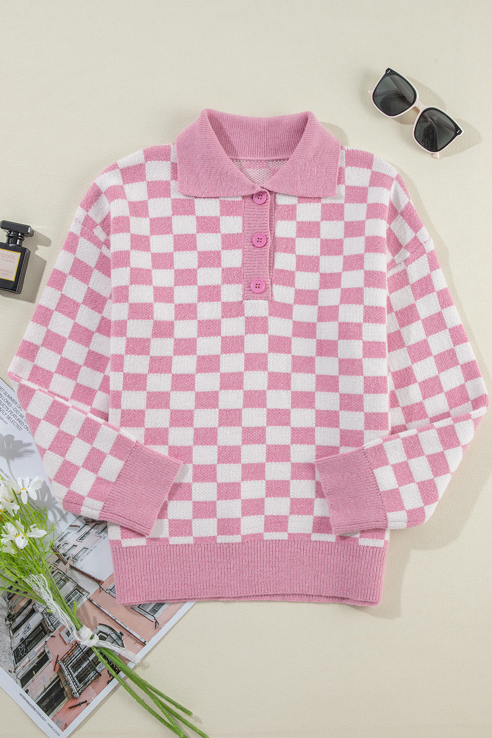 Checkered Collared Neck Dropped Shoulder Sweater-Angel Casuals