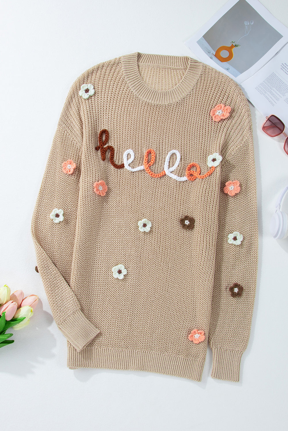 HELLO Flower Round Neck Long Sleeve Sweater-Angel Casuals