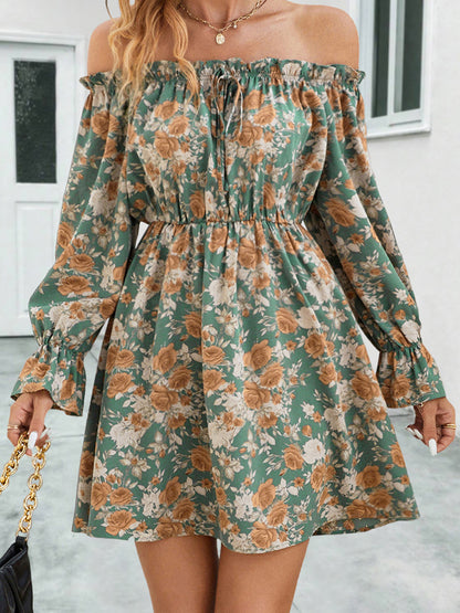 Floral Off-Shoulder Flounce Sleeve Dress-Angel Casuals