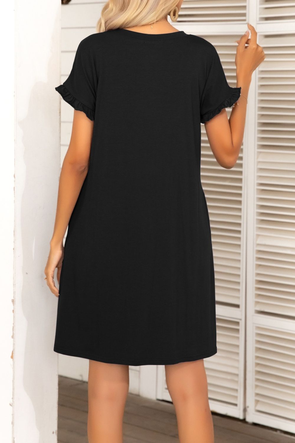 Flounce Sleeve Round Neck Dress with Pockets-Angel Casuals