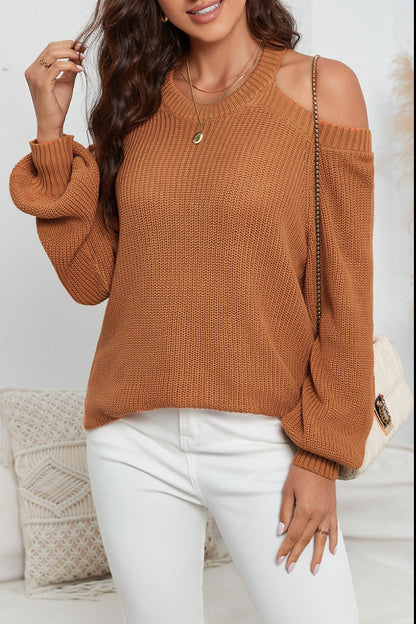 Cutout Back Cold Shoulder Long Sleeve Sweater-Angel Casuals