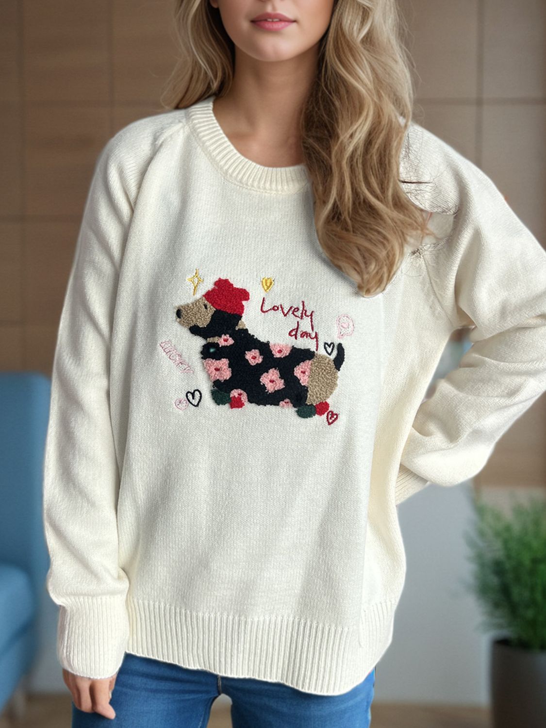 Puppy Round Neck Raglan Sleeve Sweater-Angel Casuals