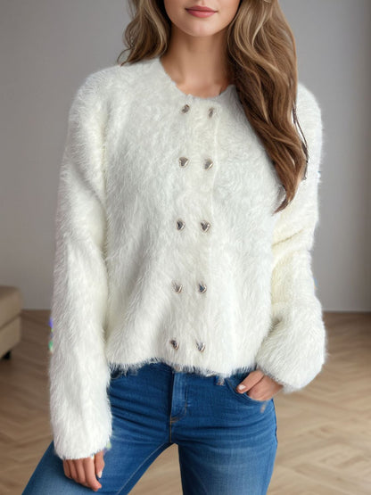 Heart Button Round Neck Cardigan-Angel Casuals