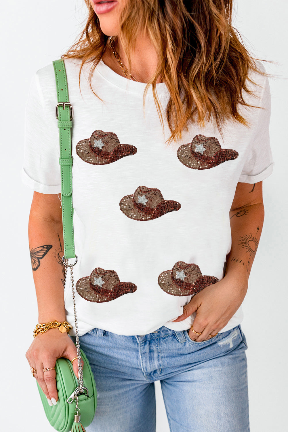 Sequin Hat Round Neck Short Sleeve T-Shirt-Angel Casuals