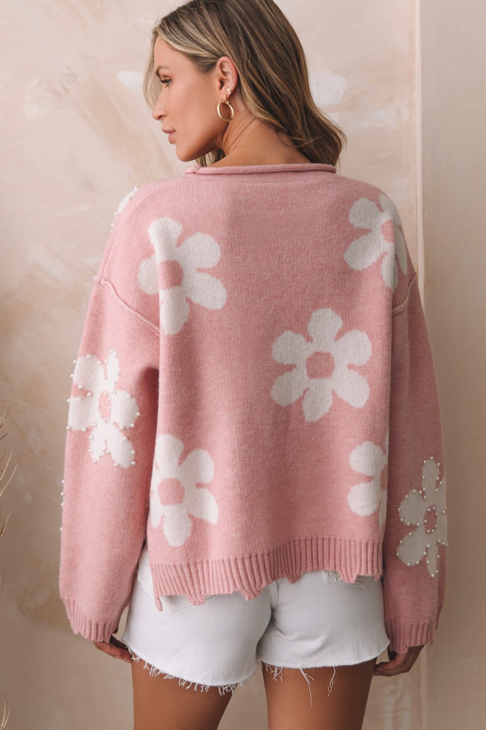 Pearl Trim Flower Round Neck Sweater-Angel Casuals