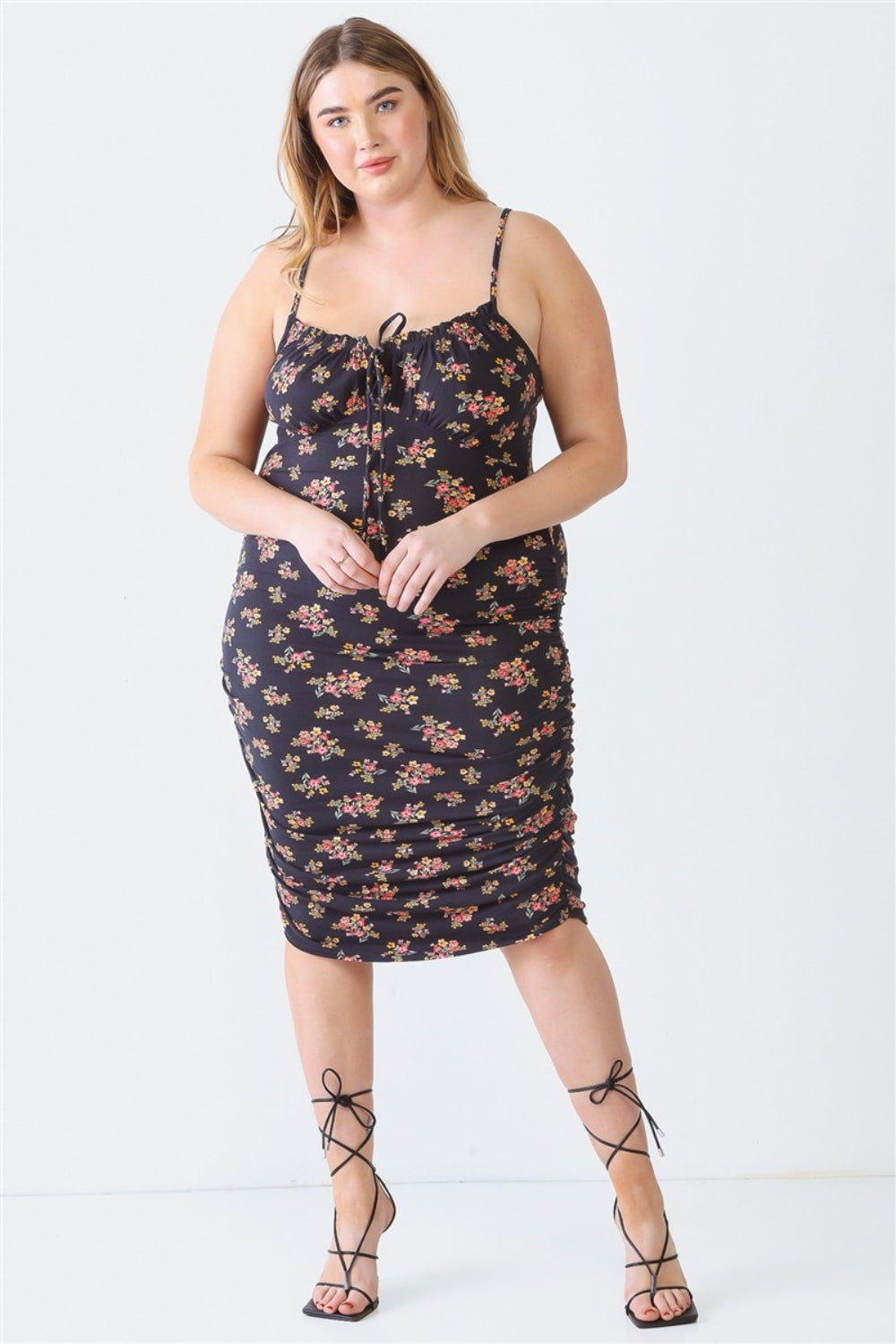 Blue Leopard Plus Size Ruched Floral Square Neck Cami Dress-Angel Casuals