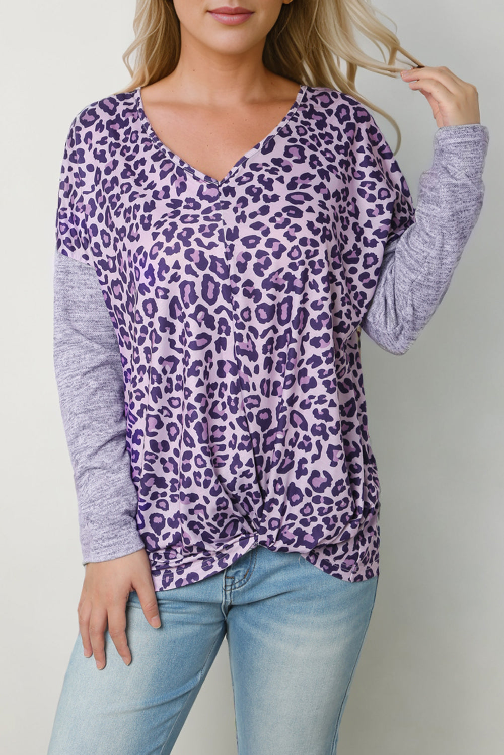 Leopard V-Neck Long Sleeve T-Shirt-Angel Casuals