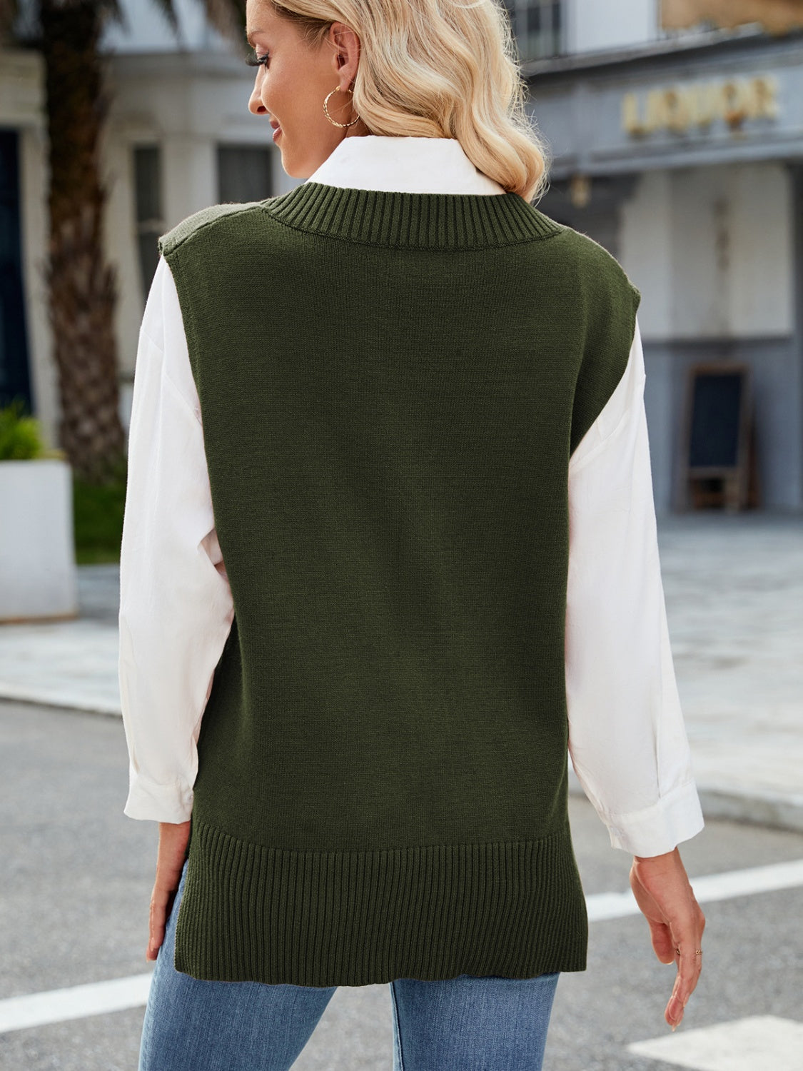 Side Slit V-Neck Sweater Vest-Angel Casuals