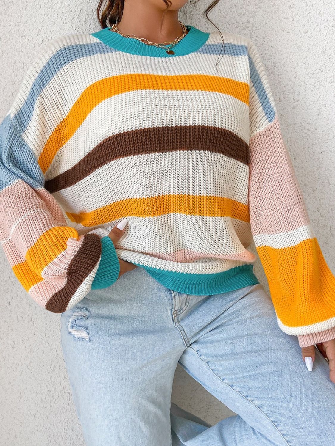 Striped Round Neck Long Sleeve Sweater-Angel Casuals