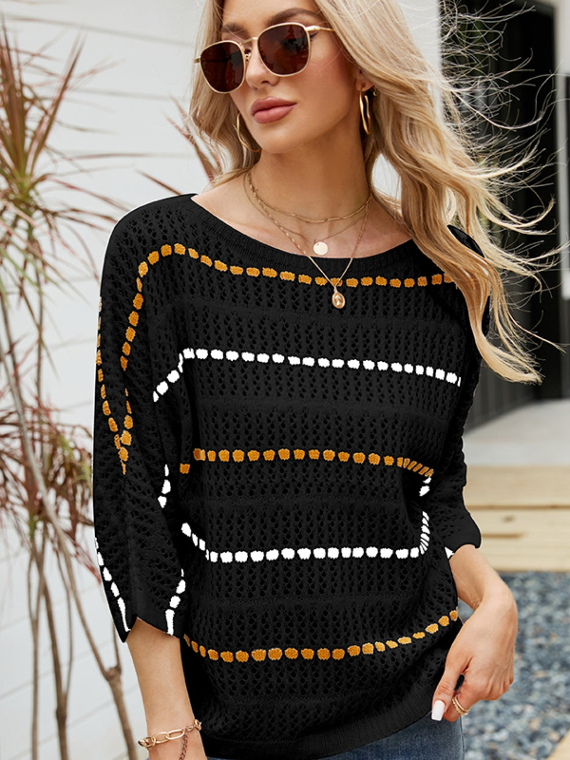 Eyelet Striped Round Neck Knit Top-Angel Casuals