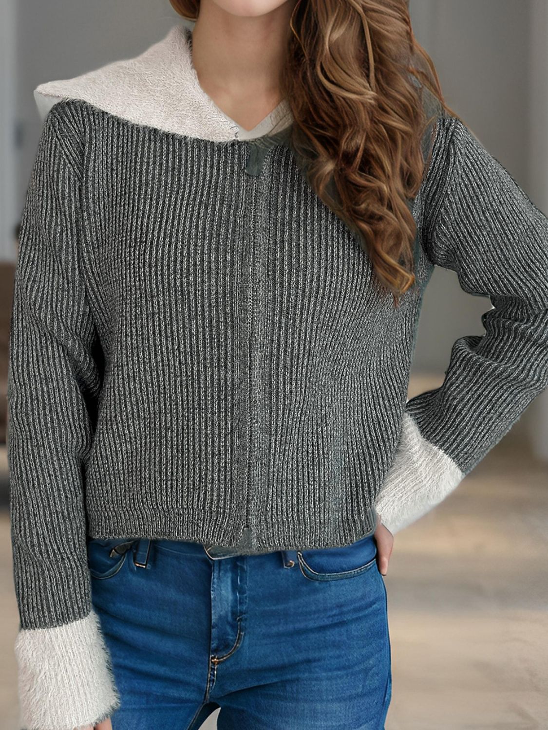 Zip Up Collared Neck Long Sleeve Cardigan-Angel Casuals