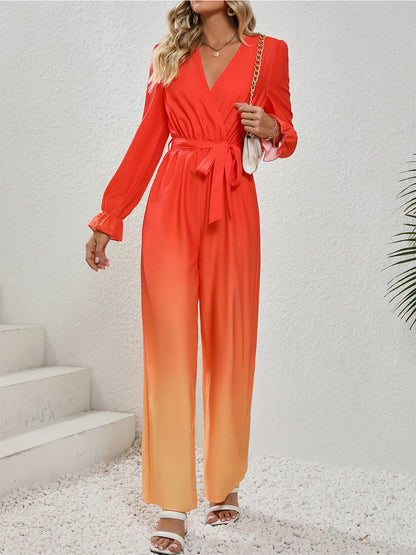 Gradient Tie Front Flounce Sleeve Jumpsuit-Angel Casuals