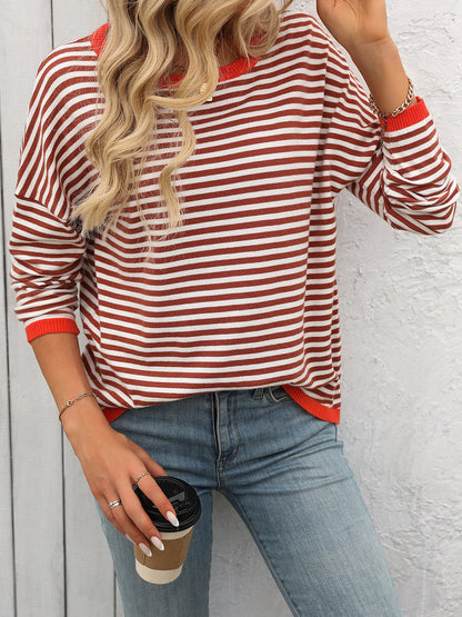 Mandy Striped Round Neck Long Sleeve Sweater-Angel Casuals