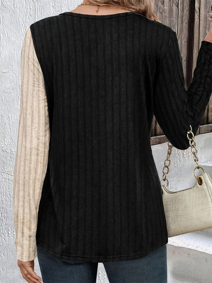 Decorative Button Contrast Round Neck Long Sleeve T-Shirt-Angel Casuals