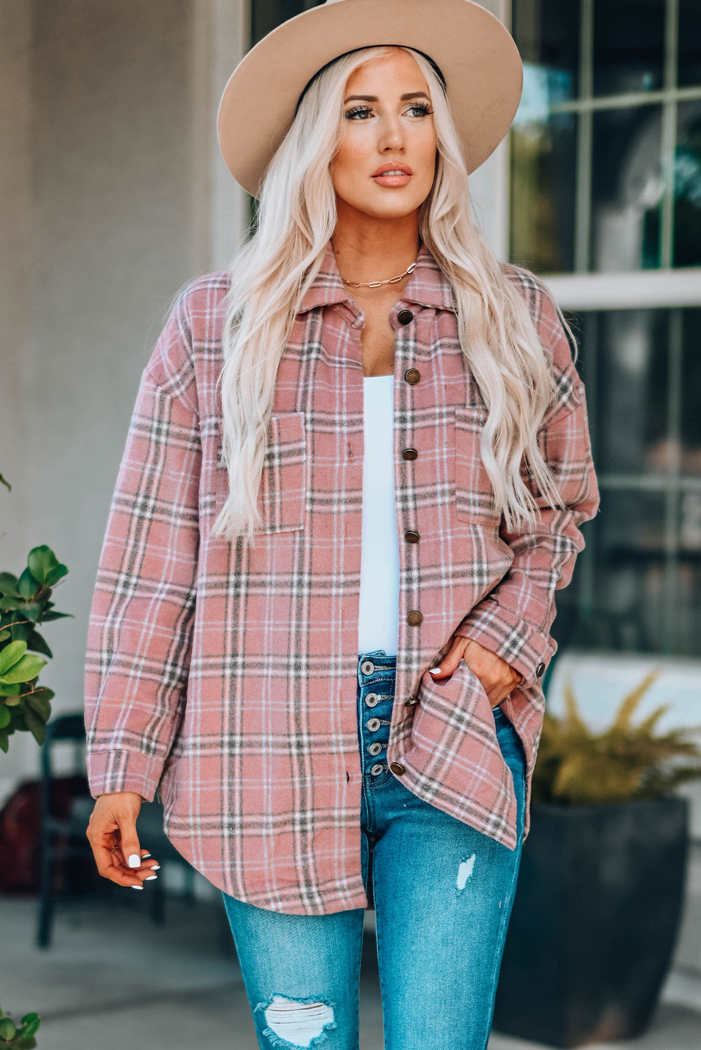 Plaid Curved Hem Dropped Shoulder Longline Shirt Jacket-Angel Casuals