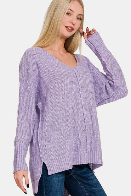 Zenana High-Low Center Seam V-Neck Sweater-Angel Casuals