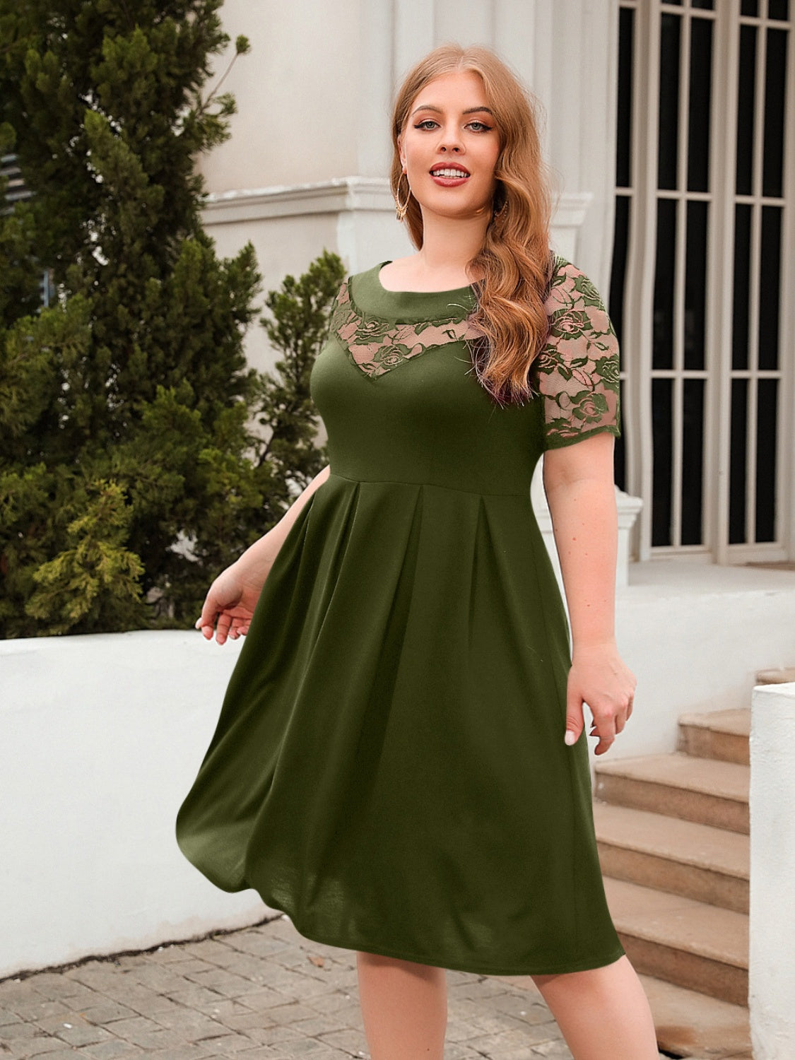 Plus Size Ruched Round Neck Short Sleeve Dress-Angel Casuals