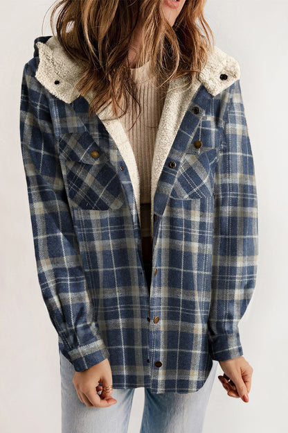 Plaid Snap Down Hooded Jacket-Angel Casuals