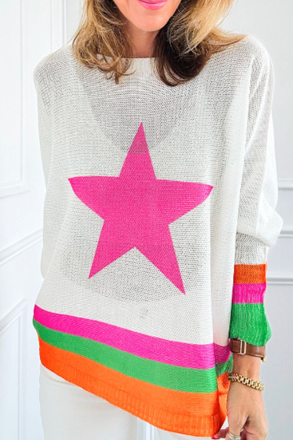 Star Contrast Round Neck Long Sleeve Knit Top-Angel Casuals